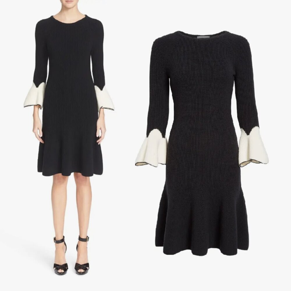 Alexander McQueen Merino Wool Bell Sleeve Colorblock Knit Dress Small